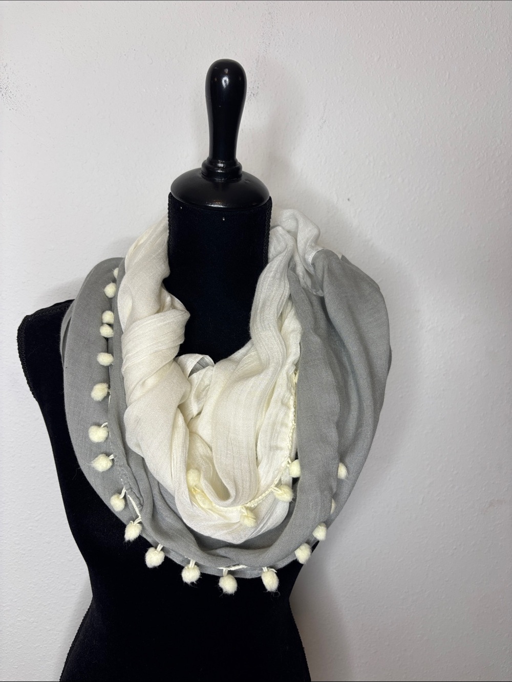 Light Sage Green Pom Trim Lightweight infinity scarf - Picture 4 of 4